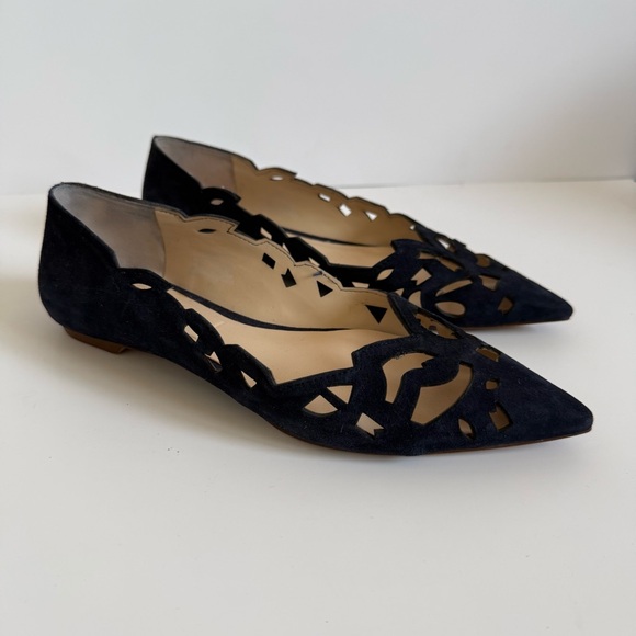 Zara Navy Pointed Laser-Cut Suede Flats - Picture 2 of 8